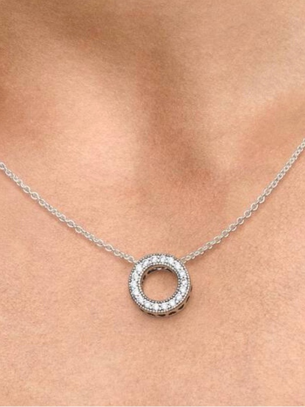 100% PANDORA 925 Silver Logo Pave Circle Collier Necklace 397436CZ